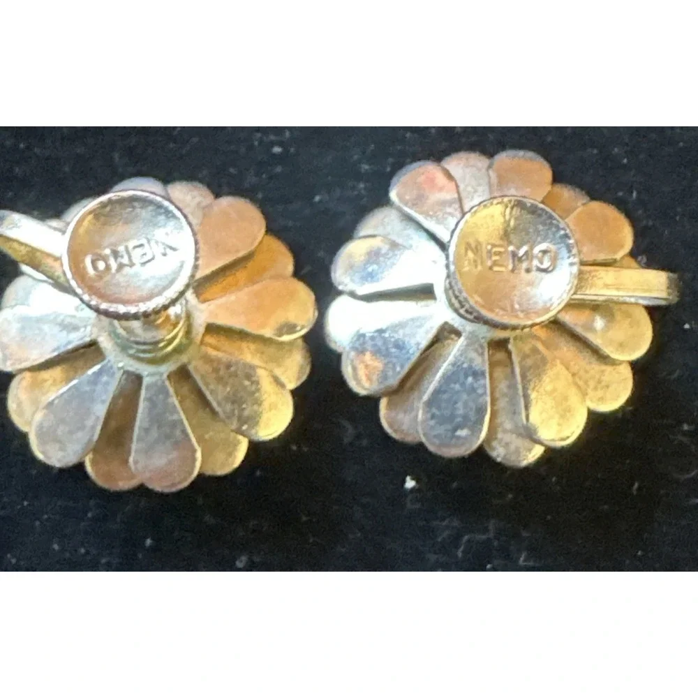 VTG ESTATE‎ SIGNED NEMO BLUE RHINESTONE Flower SCREW Back EARRINGS